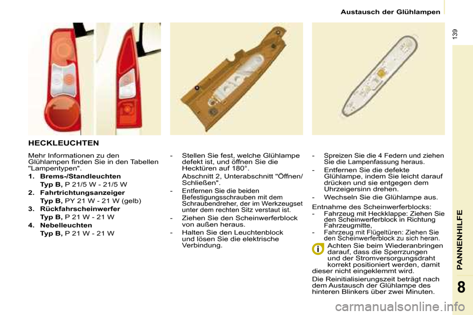 Peugeot Partner Tepee 2008  Betriebsanleitung (in German)  139
PANNENHILFE
8
Austausch der Glühlampen
HECKLEUCHTEN 
-  Stellen Sie fest, welche Glühlampe defekt ist, und öffnen Sie die  
Hecktüren auf 180°. 
  Abschnitt 2, Unterabschnitt "Öffnen/ Schli