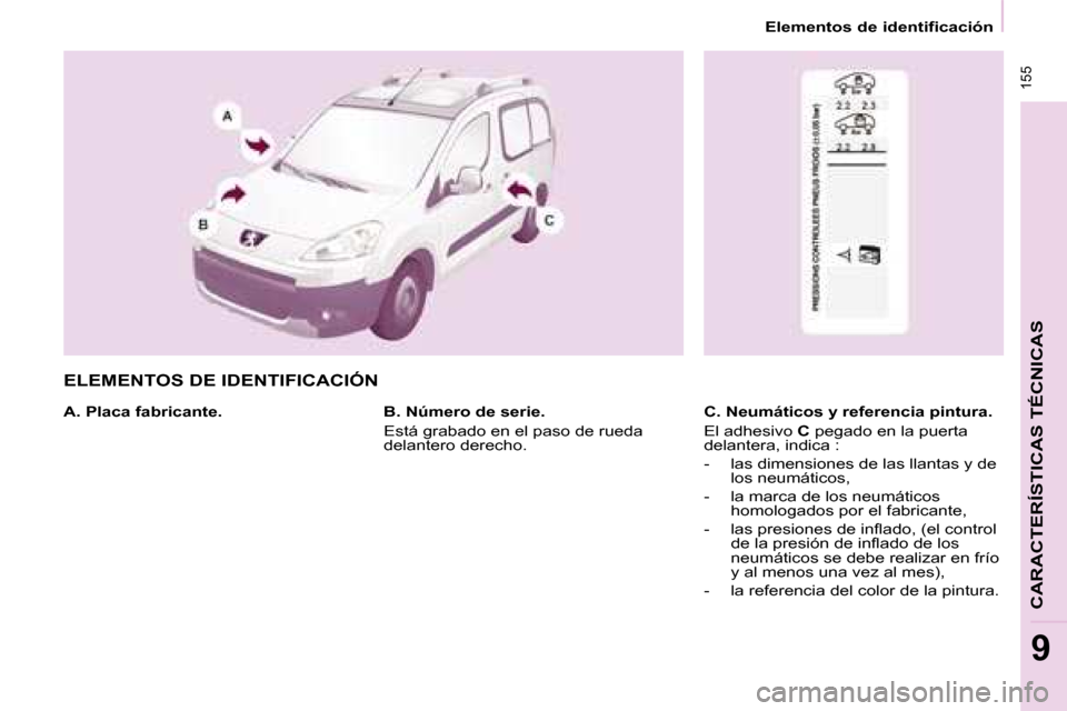 Peugeot Partner Tepee 2008  Manual del propietario (in Spanish)  155
9
Elementos de identificación
CARACTERÍSTICAS TÉCNICAS
ELEMENTOS DE IDENTIFICACIÓN
A. Placa fabricante. C. Neumáticos y referencia pintura. 
El adhesivo C pegado en la puerta 
delantera, ind