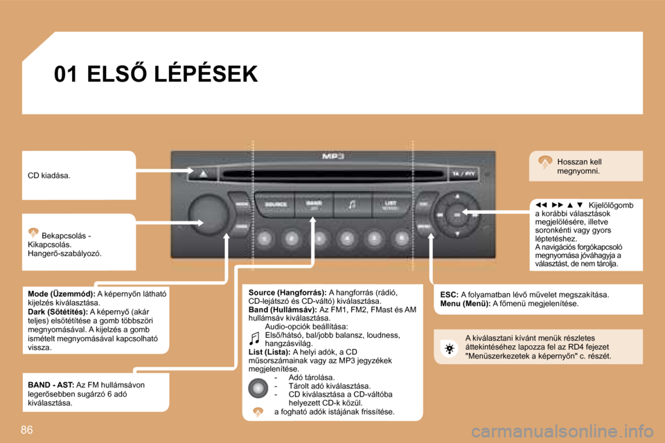Peugeot Partner Tepee 2008  Kezelési útmutató (in Hungarian) 86
01�E�L�S4� �L�É�P�É�S�E�K
�C�D� �k�i�a�d�á�s�a�. �B�e�k�a�p�c�s�o�l�á�s� �-� 
�K�i�k�a�p�c�s�o�l�á�s�. 
�H�a�n�g�e�r5�-�s�z�a�b�á�l�y�o�z�ó�. 
�M�o�d�e� �(�Ü�z�e�m�m�ó�d�)�: � �A� �k�é�
