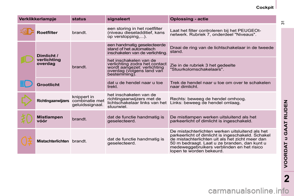 Peugeot Partner Tepee 2008  Handleiding (in Dutch)   31
VOORDAT u GAAT RIJDEN
2
 31
2
Cockpit
Verklikkerlampje status signaleert Oplossing - actie�R�o�e�t�i�l�t�e�r �b�r�a�n�d�t�. �e�e�n� �s�t�o�r�i�n�g� �i�n� �h�e�t� �r�o�e�t�i�l�t�e�r�  
�(�n�i�v�e�