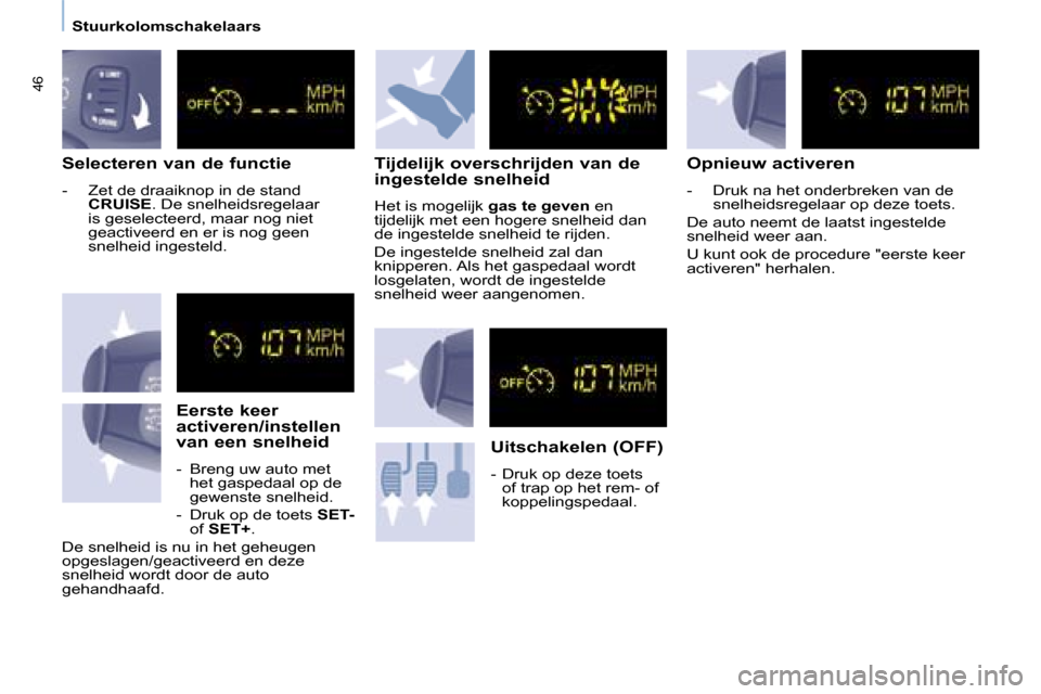 Peugeot Partner Tepee 2008  Handleiding (in Dutch) 46
Stuurkolomschakelaars
Selecteren van de functie 
�-�  �Z�e�t� �d�e� �d�r�a�a�i�k�n�o�p� �i�n� �d�e� �s�t�a�n�d� CRUISE �.� �D�e� �s�n�e�l�h�e�i�d�s�r�e�g�e�l�a�a�r� 
�i�s� �g�e�s�e�l�e�c�t�e�e�r�d�