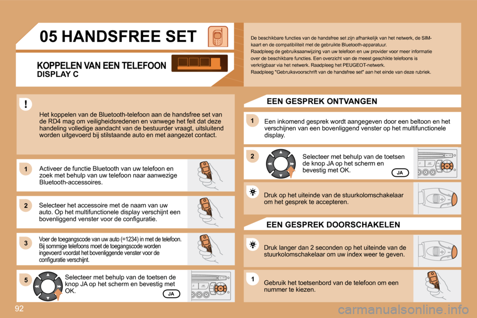 Peugeot Partner Tepee 2008  Handleiding (in Dutch) 92
1 
2 
31 
2
5
1
05 HANDSFREE SET
�H�e�t� �k�o�p�p�e�l�e�n� �v�a�n� �d�e� �B�l�u�e�t�o�o�t�h�-�t�e�l�e�f�o�o�n� �a�a�n� �d�e� �h�a�n�d�s �f�r�e�e� �s�e�t� �v�a�n� 
�d�e� �R�D�4� �m�a�g� �o�m� �v�e�i