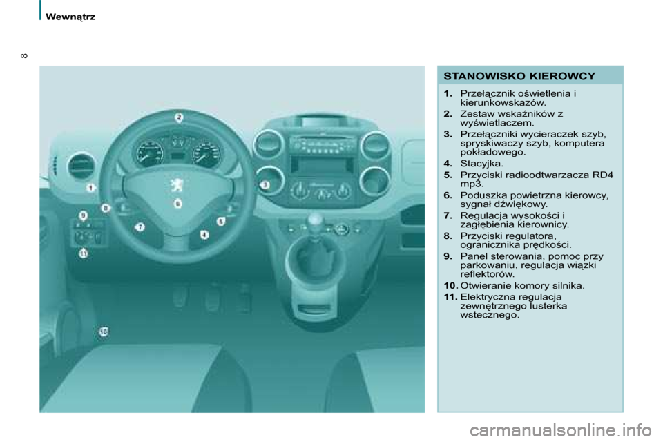 Peugeot Partner Tepee 2008  Instrukcja Obsługi (in Polish) 8
�W�e�w�n"�t�r�z
�S�T�A�N�O�W�I�S�K�O� �K�I�E�R�O�W�C�Y 
1.�  �P�r�z�e�ł"�c�z�n�i�k� �o;�w�i�e�t�l�e�n�i�a� �i� 
�k�i�e�r�u�n�k�o�w�s�k�a�z�ó�w�.
2. �  �Z�e�s�t�a�w� �w�s�k�aE�n�i�k�ó�w� �z� 
