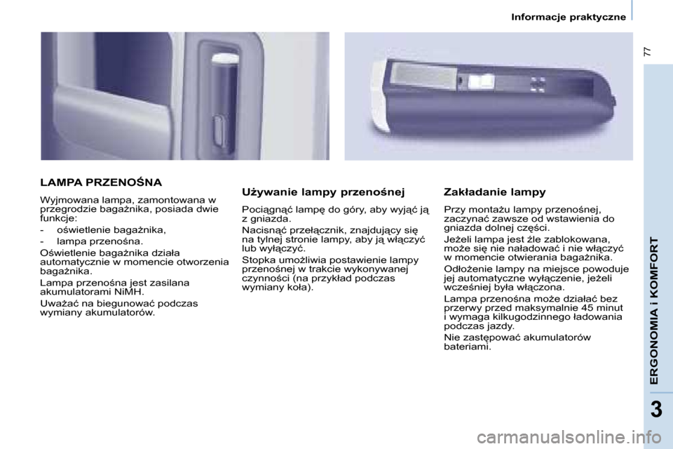 Peugeot Partner Tepee 2008  Instrukcja Obsługi (in Polish)  77
�E�R�G�O�N�O�M�I�A� �i� �K�O�M�F�O�R�T
33
�I�n�f�o�r�m�a�c�j�e� �p�r�a�k�t�y�c�z�n�e
�L�A�M�P�A� �P�R�Z�E�N�O:�N�A
�W�y�j�m�o�w�a�n�a� �l�a�m�p�a�,� �z�a�m�o�n�t�o�w�a�n�a� �w�  
�p�r�z�e�g�r�o�d