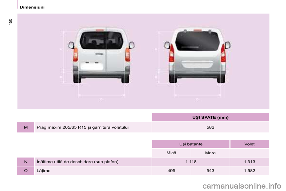 Peugeot Partner Tepee 2008  Manualul de utilizare (in Romanian) 150
�D�i�m�e�n�s�i�u�n�i
�U�Ş�I� �S�P�A�T�E� �(�m�m�)
M �P�r�a�g� �m�a�x�i�m� �2�0�5�/�6�5� �R�1�5� �ş�i� �g�a�r�n�i�t�u�r�a� �v�o�l�e�t�u�l�u�i 582
�U�ş�i� �b�a�t�a�n�t�e �V�o�l�e�t
�M�i�c  Mare
