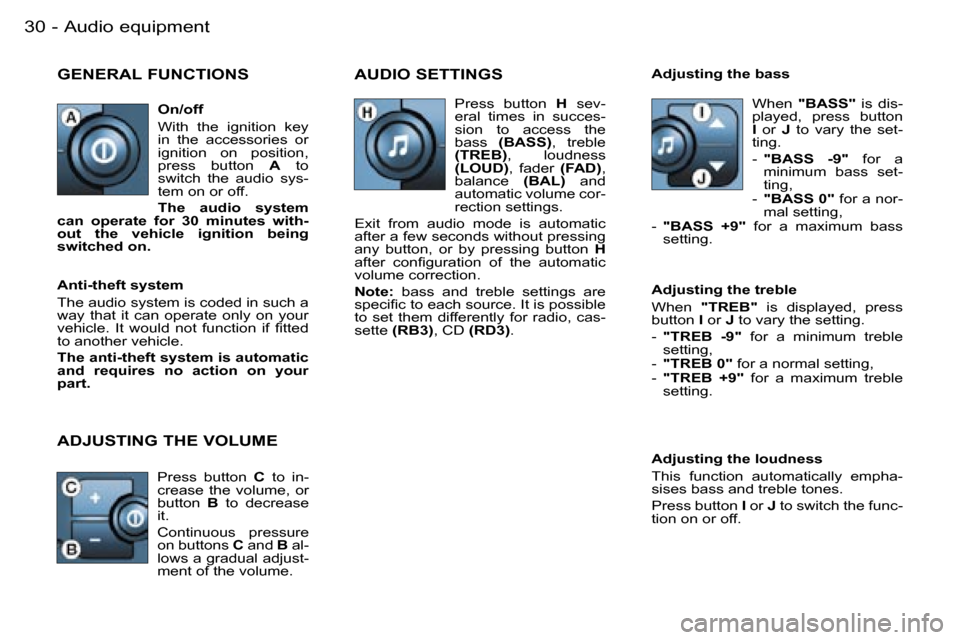 Peugeot Partner VP 2007 Owners Guide �A�u�d�i�o� �e�q�u�i�p�m�e�n�t�3�0 �-
�G�E�N�E�R�A�L� �F�U�N�C�T�I�O�N�S�A�U�D�I�O� �S�E�T�T�I�N�G�S
�A�d�j�u�s�t�i�n�g� �t�h�e� �l�o�u�d�n�e�s�s 
�T�h�i�s�  �f�u�n�c�t�i�o�n�  �a�u�t�o�m�a�t�i�c�a�l�