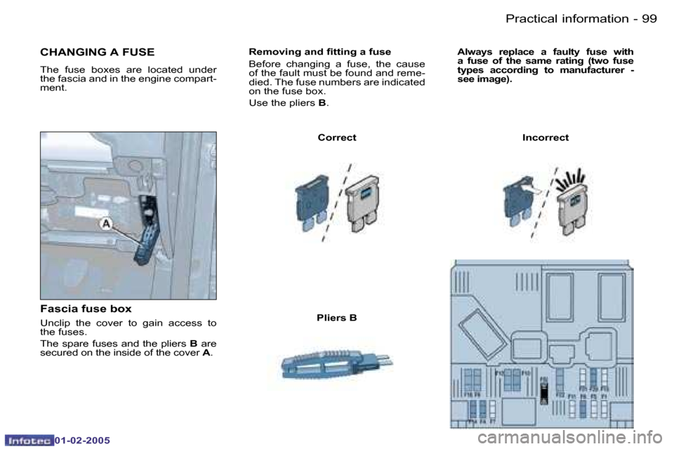 Peugeot Partner VP 2005  Owners Manual �9�8 �-
�0�1�-�0�2�-�2�0�0�5
�9�9
�-
�0�1�-�0�2�-�2�0�0�5
�R�e�m�o�v�i�n�g� �a�n�d� �i�t�t�i�n�g� �a� �f�u�s�e 
�B�e�f�o�r�e�  �c�h�a�n�g�i�n�g�  �a�  �f�u�s�e�,�  �t�h�e�  �c�a�u�s�e�  
�o�f� �t�h�e�