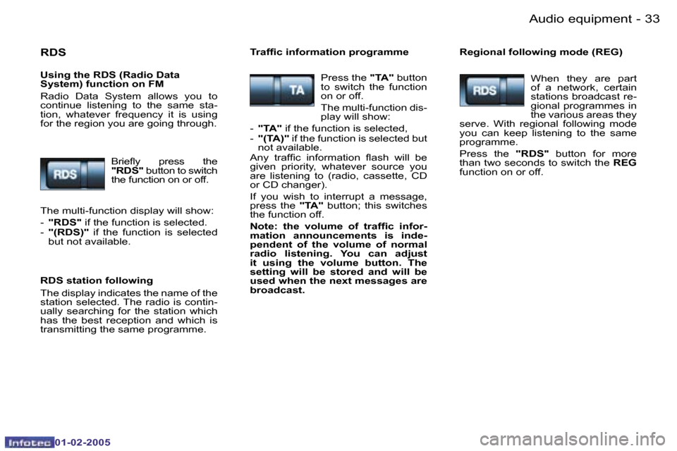 Peugeot Partner VP 2005 Owners Guide �3�2 �-
�0�1�-�0�2�-�2�0�0�5
�3�3
�-
�0�1�-�0�2�-�2�0�0�5
�R�D�S
�U�s�i�n�g� �t�h�e� �R�D�S� �(�R�a�d�i�o� �D�a�t�a�  
�S�y�s�t�e�m�)� �f�u�n�c�t�i�o�n� �o�n� �F�M 
�R�a�d�i�o�  �D�a�t�a�  �S�y�s�t�e�