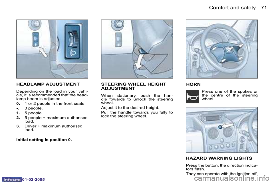 Peugeot Partner VP 2005 Manual PDF �7�1
�-
�0�1�-�0�2�-�2�0�0�5
�H�E�A�D�L�A�M�P� �A�D�J�U�S�T�M�E�N�T
�D�e�p�e�n�d�i�n�g�  �o�n�  �t�h�e�  �l�o�a�d�  �i�n�  �y�o�u�r�  �v�e�h�i�- 
�c�l�e�,� �i�t� �i�s� �r�e�c�o�m�m�e�n�d�e�d� �t�h�a�t