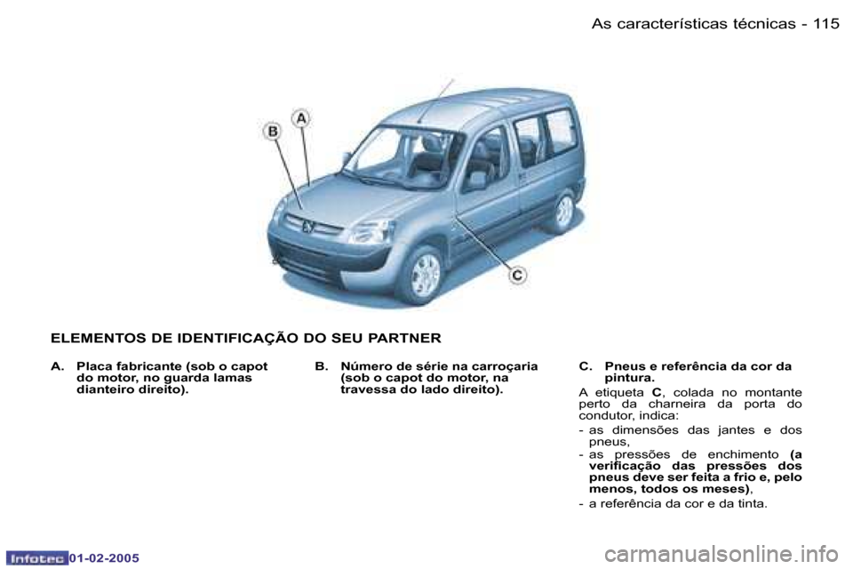 Peugeot Partner VP 2005  Manual do proprietário (in Portuguese) �1�1�4 �-
�0�1�-�0�2�-�2�0�0�5
�1�1�5
�-
�0�1�-�0�2�-�2�0�0�5
�E�L�E�M�E�N�T�O�S� �D�E� �I�D�E�N�T�I�F�I�C�A�Ç�Ã�O� �D�O� �S�E�U� �P�A�R�T�N�E�R
�B�.�  �N�ú�m�e�r�o� �d�e� �s�é�r�i�e� �n�a� �c�a�r