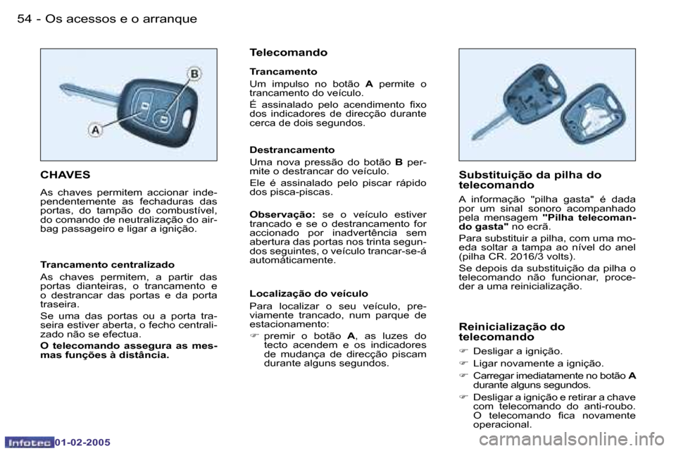 Peugeot Partner VP 2005  Manual do proprietário (in Portuguese) �5�4 �-
�0�1�-�0�2�-�2�0�0�5
�5�5
�-
�0�1�-�0�2�-�2�0�0�5
�C�H�A�V�E�S
�A�s�  �c�h�a�v�e�s�  �p�e�r�m�i�t�e�m�  �a�c�c�i�o�n�a�r�  �i�n�d�e�- 
�p�e�n�d�e�n�t�e�m�e�n�t�e�  �a�s�  �f�e�c�h�a�d�u�r�a�s�