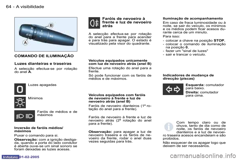Peugeot Partner VP 2005  Manual do proprietário (in Portuguese) �A� �v�i�s�i�b�i�l�i�d�a�d�e�6�4 �-
�0�1�-�0�2�-�2�0�0�5
�6�5�A� �v�i�s�i�b�i�l�i�d�a�d�e�-
�0�1�-�0�2�-�2�0�0�5
�I�n�d�i�c�a�d�o�r�e�s� �d�e� �m�u�d�a�n�ç�a� �d�e�  
�d�i�r�e�c�ç�ã�o� �(�p�i�s�c�a