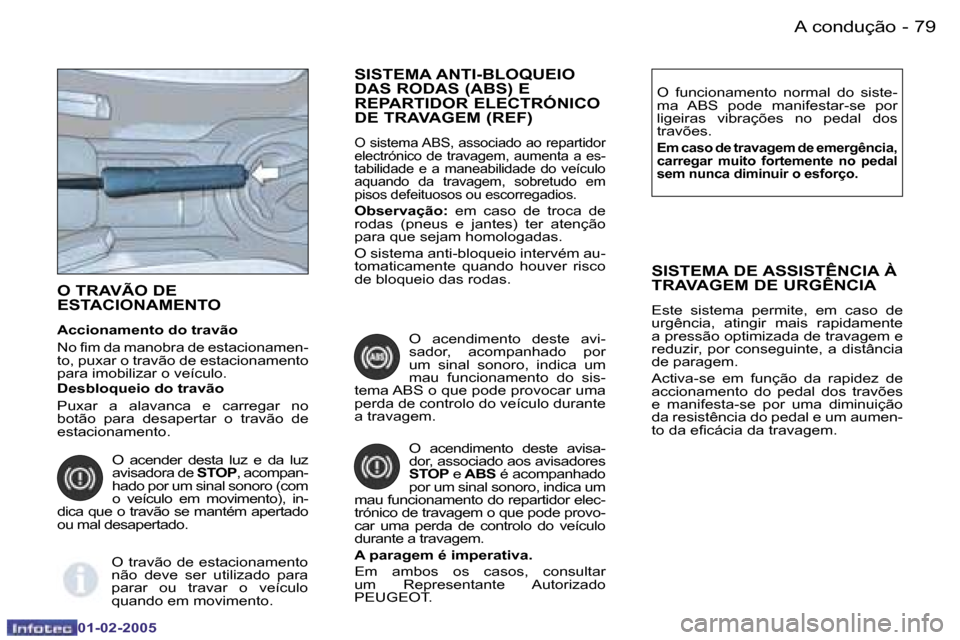 Peugeot Partner VP 2005  Manual do proprietário (in Portuguese) �7�9�A� �c�o�n�d�u�ç�ã�o�-
�0�1�-�0�2�-�2�0�0�5
�O� �T�R�A�V�Ã�O� �D�E�  
�E�S�T�A�C�I�O�N�A�M�E�N�T�O� 
�A�c�c�i�o�n�a�m�e�n�t�o� �d�o� �t�r�a�v�ã�o� 
�N�o� �i�m� �d�a� �m�a�n�o�b�r�a� �d�e� �e�s