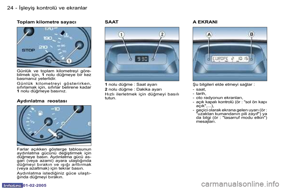 Peugeot Partner VP 2005  Kullanım Kılavuzu (in Turkish) �2�4 �-
�0�1�-�0�2�-�2�0�0�5
�2�5
�-
�0�1�-�0�2�-�2�0�0�5
�G�ü�n�l�ü�k�  �v�e�  �t�o�p�l�a�m�  �k�i�l�o�m�e�t�r�e�y�i�  �g�ö�r�e�- 
�b�i�l�m�e�k�  �i�ç�i�n�,�  �1�  �n�o�l�u�  �d�ü�ğ�m�e�y�e�  �