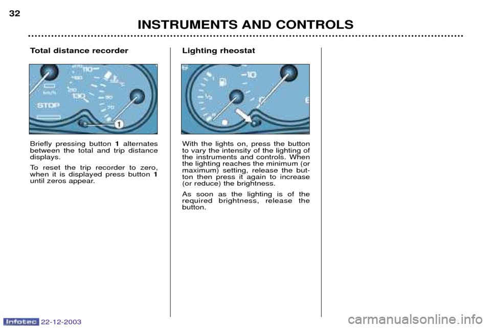 Peugeot Partner VP 2004 Owners Guide 22-12-2003
Total distance recorder Briefly pressing button 1alternates
between the total and trip distance displays. 
To reset the trip recorder to zero, when it is displayed press button  1
until zer