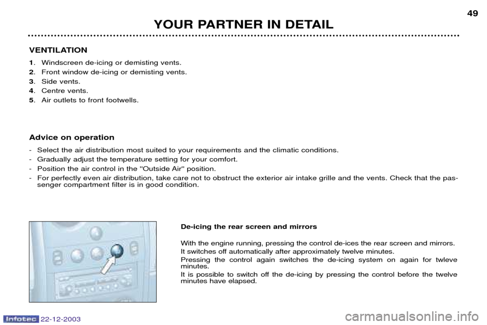 Peugeot Partner VP 2004  Owners Manual YOUR PARTNER IN DETAIL49
22-12-2003
VENTILATION 1
. Windscreen de-icing or demisting vents.
2 . Front window de-icing or demisting vents.
3 . Side vents.
4 . Centre vents.
5 . Air outlets to front foo