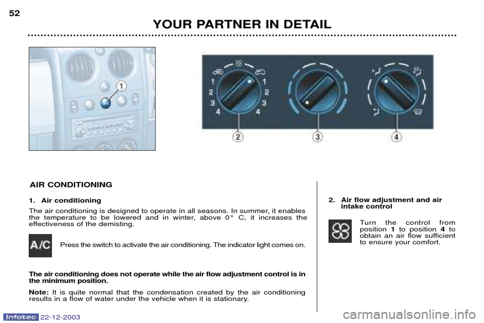 Peugeot Partner VP 2004 Workshop Manual 1. Air conditioning 
The air conditioning is designed to operate in all seasons. In summer, it enables 
the temperature to be lowered and in winter, above 0¡ C, it increases the 
effectiveness of the