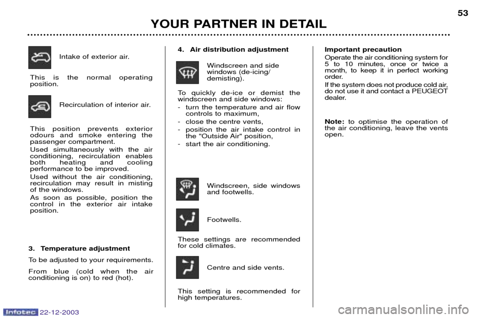Peugeot Partner VP 2004 Workshop Manual 4. Air distribution adjustmentWindscreen and side  windows (de-icing/demisting).
To quickly de-ice or demist the windscreen and side windows: 
- turn the temperature and air flow controls to maximum,
