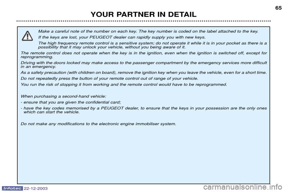 Peugeot Partner VP 2004 Repair Manual 22-12-2003
YOUR PARTNER IN DETAIL65
Make a careful note of the number on each key. The key number is coded on the label attached to the key. If the keys are lost, your PEUGEOT dealer can rapidly suppl Peugeot Partner VP 2004 Repair Manual 22-12-2003
YOUR PARTNER IN DETAIL65
Make a careful note of the number on each key. The key number is coded on the label attached to the key. If the keys are lost, your PEUGEOT dealer can rapidly suppl