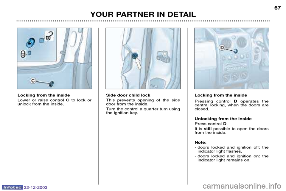 Peugeot Partner VP 2004 Repair Manual 22-12-2003
YOUR PARTNER IN DETAIL67
Locking from the inside Lower or raise control
Cto lock or
unlock from the inside. Side door child lockThis prevents opening of the side door from the inside.
Tur Peugeot Partner VP 2004 Repair Manual 22-12-2003
YOUR PARTNER IN DETAIL67
Locking from the inside Lower or raise control
Cto lock or
unlock from the inside. Side door child lockThis prevents opening of the side door from the inside.
Tur