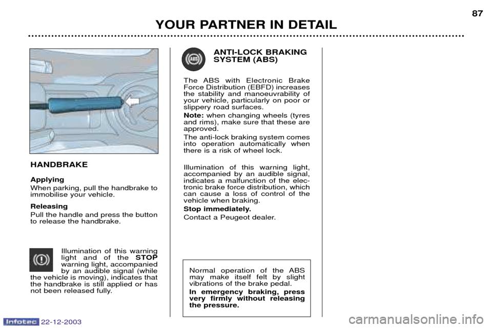 Peugeot Partner VP 2004 Owners Manual 22-12-2003
ANTI-LOCK BRAKING SYSTEM (ABS)
The ABS with Electronic Brake Force Distribution (EBFD) increasesthe stability and manoeuvrability ofyour vehicle, particularly on poor orslippery road surfac