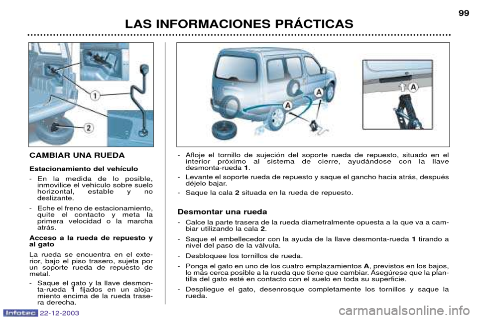 Peugeot Partner VP 2004  Manual del propietario (in Spanish) LAS INFORMACIONES PRçCTICAS99
CAMBIAR UNA RUEDA Estacionamiento del veh’culo 
- En la medida de lo posible,
inmovilice el veh’culo sobre suelo horizontal, estable y nodeslizante.
- Eche el freno 