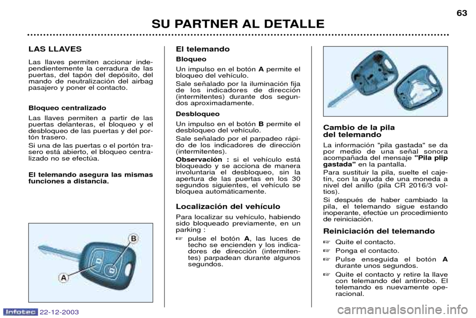 Peugeot Partner VP 2004 Manual del propietario (in Spanish) SU PARTNER AL DETALLE63
LAS LLAVES Las llaves permiten accionar inde- pendientemente la cerradura de laspuertas, del tap—n del dep—sito, delmando de neutralizaci—n del airbagpasajero y poner el Peugeot Partner VP 2004 Manual del propietario (in Spanish) SU PARTNER AL DETALLE63
LAS LLAVES Las llaves permiten accionar inde- pendientemente la cerradura de laspuertas, del tap—n del dep—sito, delmando de neutralizaci—n del airbagpasajero y poner el