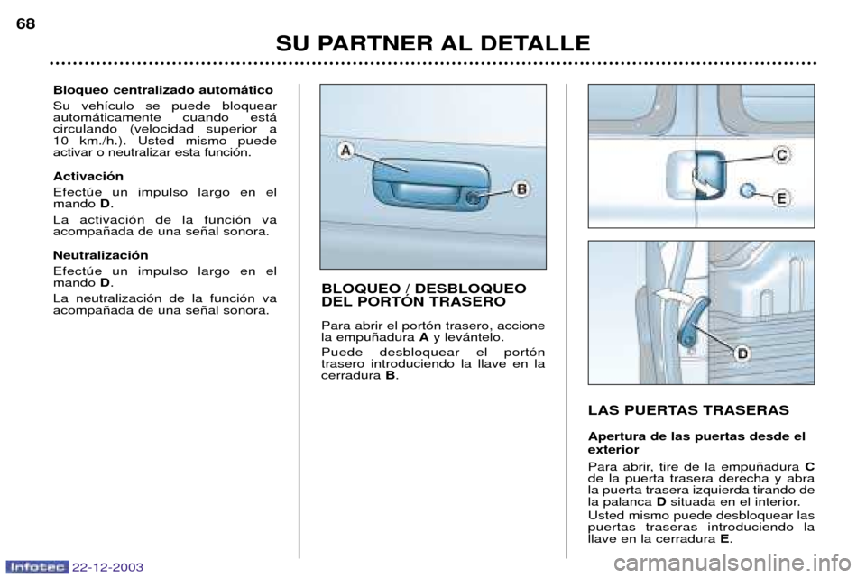 Peugeot Partner VP 2004 Manual del propietario (in Spanish) 22-12-2003
SU PARTNER AL DETALLE
68
LAS PUERTAS TRASERAS Apertura de las puertas desde el exterior
Para abrir, tire de la empu–adura
C
de la puerta trasera derecha y abra la puerta trasera izquier Peugeot Partner VP 2004 Manual del propietario (in Spanish) 22-12-2003
SU PARTNER AL DETALLE
68
LAS PUERTAS TRASERAS Apertura de las puertas desde el exterior
Para abrir, tire de la empu–adura
C
de la puerta trasera derecha y abra la puerta trasera izquier