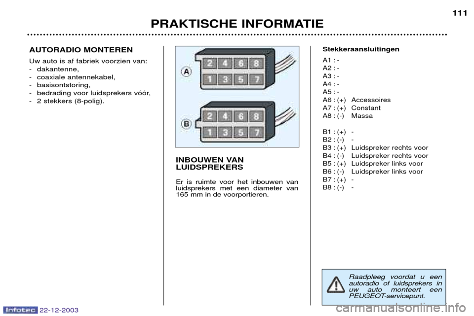 Peugeot Partner VP 2004  Handleiding (in Dutch) AUTORADIO MONTEREN
Uw auto is af fabriek voorzien van: 
- dakantenne,
- coaxiale antennekabel,
- basisontstoring,
- bedrading voor luidsprekers v——r,
- 2 stekkers (8-polig). Stekkeraansluitingen
A