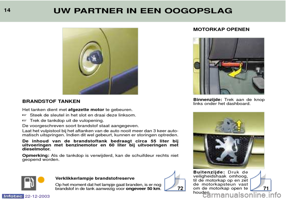 Peugeot Partner VP 2004  Handleiding (in Dutch) MOTORKAP OPENEN Binnenzijde:Trek aan de knop
links onder het dashboard. Buitenzijde: Druk de
veiligheidshaak omhoog, til de motorkap op en zetde motorkapsteun vastom de motorkap open tehouden.
BRANDST