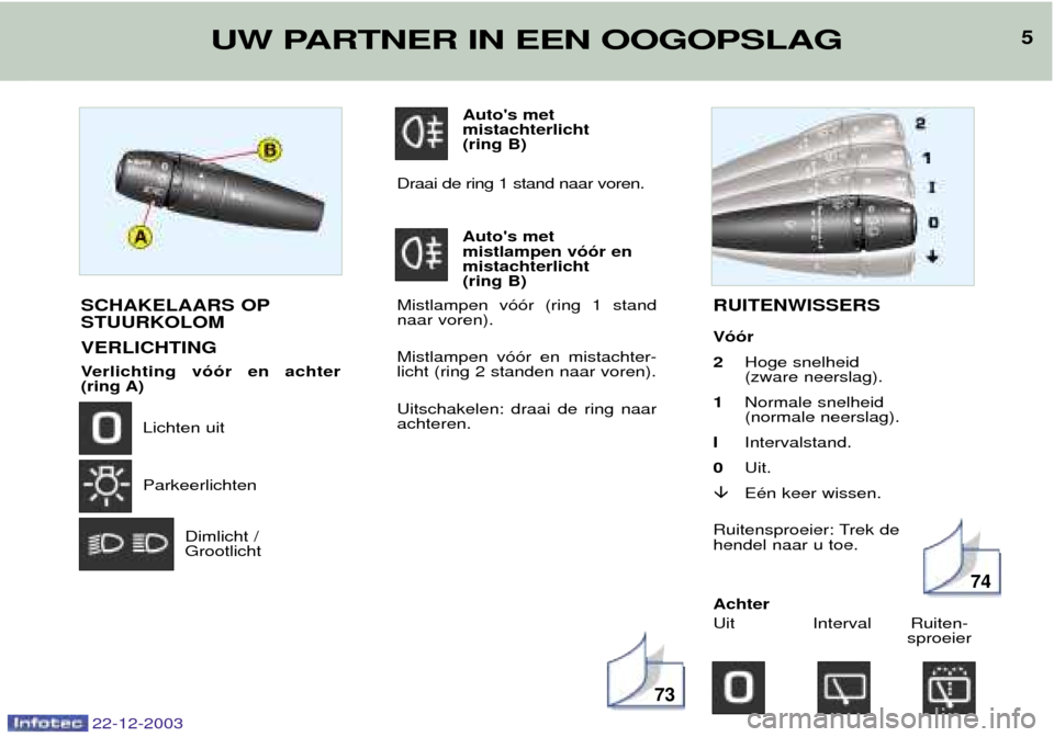 Peugeot Partner VP 2004  Handleiding (in Dutch) SCHAKELAARS OP STUURKOLOM VERLICHTING 
Verlichting v——r en achter (ring A)Lichten uit Parkeerlichten
Dimlicht / Grootlicht
Autos met  mistachterlicht (ring B)
Draai de ring 1 stand naar voren.
Au