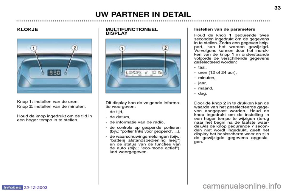 Peugeot Partner VP 2004  Handleiding (in Dutch) MULTIFUNCTIONEEL 
DISPLAY Dit display kan de volgende informa- tie weergeven: 
- de tijd,
- de datum,
- de informatie van de radio,
- de controle op geopende portieren(bijv.: "portier links voor geope