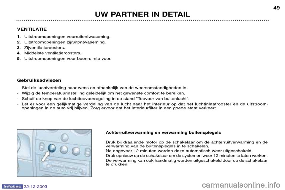 Peugeot Partner VP 2004  Handleiding (in Dutch) UW PARTNER IN DETAIL49
22-12-2003
VENTILATIE 1
. Uitstroomopeningen voorruitontwaseming.
2 . Uitstroomopeningen zijruitontwaseming.
3 . Zijventilatieroosters.
4 . Middelste ventilatieroosters.
5 . Uit