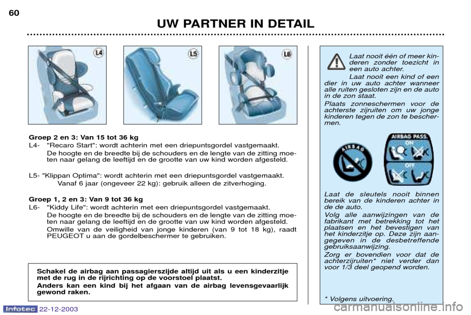 Peugeot Partner VP 2004 Handleiding (in Dutch) 22-12-2003
Laat nooit ŽŽn of meer kin- deren zonder toezicht in
een auto achter. Laat nooit een kind of een
dier in uw auto achter wanneer alle ruiten gesloten zijn en de autoin de zon staat. Plaats Peugeot Partner VP 2004 Handleiding (in Dutch) 22-12-2003
Laat nooit ŽŽn of meer kin- deren zonder toezicht in
een auto achter. Laat nooit een kind of een
dier in uw auto achter wanneer alle ruiten gesloten zijn en de autoin de zon staat. Plaats