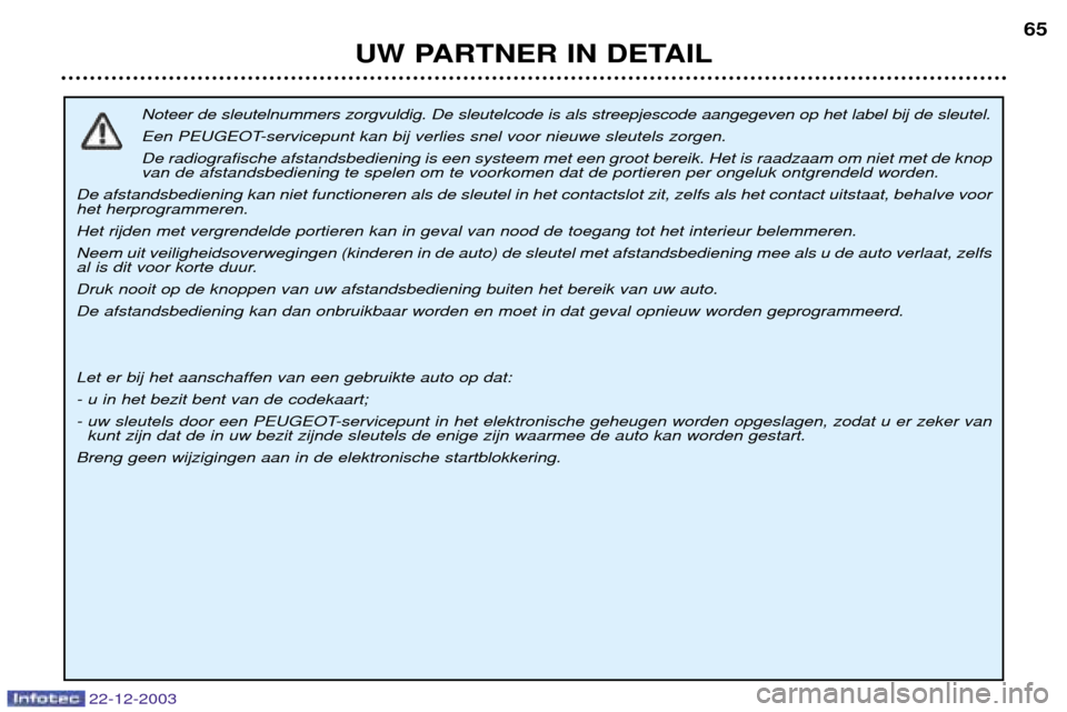 Peugeot Partner VP 2004 Handleiding (in Dutch) 22-12-2003
UW PARTNER IN DETAIL65
Noteer de sleutelnummers zorgvuldig. De sleutelcode is als streepjescode aangegeven op het label bij de sleutel.
Een PEUGEOT-servicepunt kan bij verlies snel voor ni Peugeot Partner VP 2004 Handleiding (in Dutch) 22-12-2003
UW PARTNER IN DETAIL65
Noteer de sleutelnummers zorgvuldig. De sleutelcode is als streepjescode aangegeven op het label bij de sleutel.
Een PEUGEOT-servicepunt kan bij verlies snel voor ni