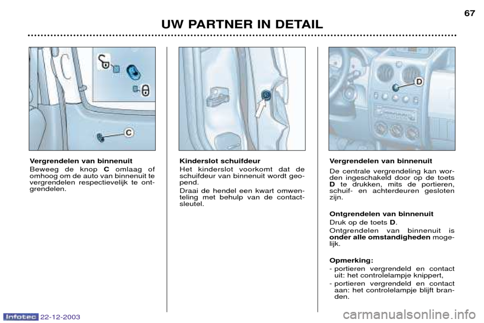 Peugeot Partner VP 2004 Handleiding (in Dutch) 22-12-2003
UW PARTNER IN DETAIL67
Vergrendelen van binnenuit Beweeg de knop
Comlaag of
omhoog om de auto van binnenuit te vergrendelen respectievelijk te ont-grendelen. Kinderslot schuifdeur Het kind Peugeot Partner VP 2004 Handleiding (in Dutch) 22-12-2003
UW PARTNER IN DETAIL67
Vergrendelen van binnenuit Beweeg de knop
Comlaag of
omhoog om de auto van binnenuit te vergrendelen respectievelijk te ont-grendelen. Kinderslot schuifdeur Het kind