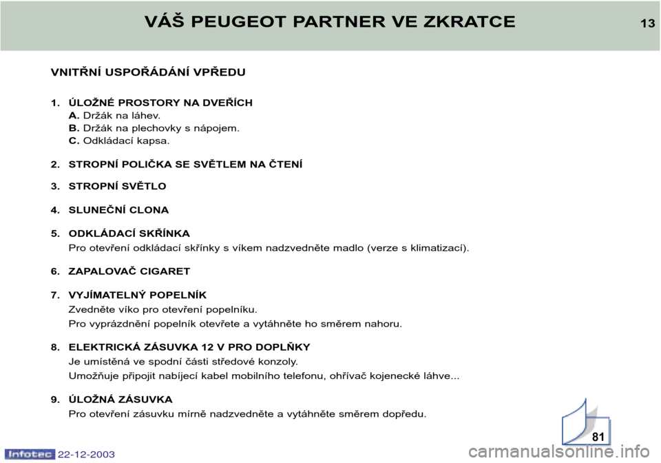 Peugeot Partner VP 2004  Návod k obsluze (in Czech) VNITŘNÍ USPOŘÁDÁNÍ VPŘEDU 
1. ÚLOŽNÉ PROSTORY NA DVEŘÍCHA.Držák na láhev.
B. Držák na plechovky s nápojem.
C. Odkládací kapsa.
2. STROPNÍ POLIČKA SE SVĚTLEM NA ČTENÍ 
3. STROP