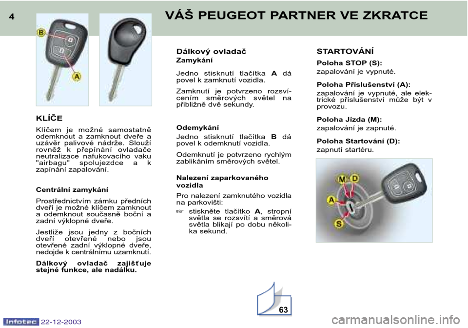 Peugeot Partner VP 2004  Návod k obsluze (in Czech) 22-12-2003
4KLÍČE 
Klíčem  je  možné  samostatně 
odemknout  a  zamknout  dveře  a
uzávěr  palivové  nádrže.  Slouží
rovněž  k  přepínání  ovladače
neutralizace  nafukovacího  v