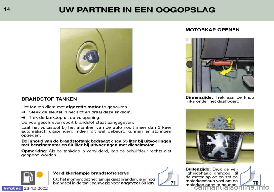 Peugeot Partner VP 2002.5 Handleiding (in Dutch) 14UW PARTNER IN EEN OOGOPSLAG14MOTORKAP OPENEN Binnenzijde: Trek aan de knop
links onder het dashboard. Buitenzijde: Druk de vei-
ligheidshaak omhoog, til de motorkap op en zet demotorkapsteun vast o Peugeot Partner VP 2002.5 Handleiding (in Dutch) 14UW PARTNER IN EEN OOGOPSLAG14MOTORKAP OPENEN Binnenzijde: Trek aan de knop
links onder het dashboard. Buitenzijde: Druk de vei-
ligheidshaak omhoog, til de motorkap op en zet demotorkapsteun vast o