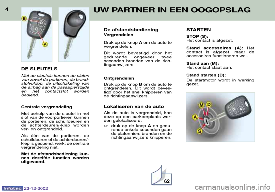 Peugeot Partner VP 2002.5 Handleiding (in Dutch) 23-12-2002
4DE SLEUTELS Met de sleutels kunnen de sloten van zowel de portieren, de brand-stofvuldop, de uitschakeling vande airbag aan de passagierszijdeen het contactslot wordenbediend. Centrale ver Peugeot Partner VP 2002.5 Handleiding (in Dutch) 23-12-2002
4DE SLEUTELS Met de sleutels kunnen de sloten van zowel de portieren, de brand-stofvuldop, de uitschakeling vande airbag aan de passagierszijdeen het contactslot wordenbediend. Centrale ver