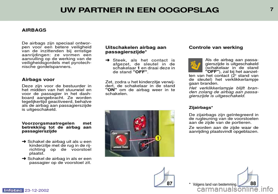 Peugeot Partner VP 2002.5 Handleiding (in Dutch) 7UW PARTNER IN EEN OOGOPSLAG
AIRBAGS De airbags zijn speciaal ontwor- pen voor een betere veiligheidvan de inzittenden bij ernstigeaanrijdingen: ze vormen eenaanvulling op de werking van deveiligheids Peugeot Partner VP 2002.5 Handleiding (in Dutch) 7UW PARTNER IN EEN OOGOPSLAG
AIRBAGS De airbags zijn speciaal ontwor- pen voor een betere veiligheidvan de inzittenden bij ernstigeaanrijdingen: ze vormen eenaanvulling op de werking van deveiligheids