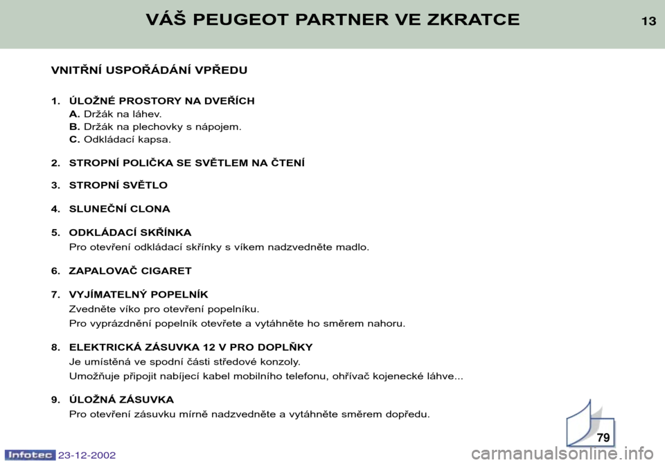Peugeot Partner VP 2002.5  Návod k obsluze (in Czech) 23-12-2002
VÁŠ PEUGEOT PARTNER VE ZKRATCE
VNITŘNÍ USPOŘÁDÁNÍ VPŘEDU 
1. ÚLOŽNÉ PROSTORY NA DVEŘÍCH A. Držák na láhev.
B.  Držák na plechovky s nápojem.
C.  Odkládací kapsa.
2. ST
