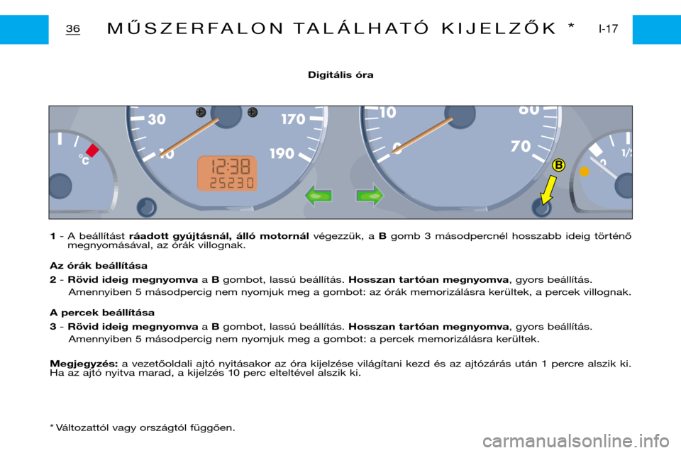 Peugeot Partner VP 2001 Kezelési útmutató (in Hungarian) B
1- A beállítást ráadott gyújtásnál, álló motornál végezzük, a Bgomb 3 másodpercnél hosszabb ideig történő
megnyomásával, az órák villognak.
Az órák beállítása 2 Peugeot Partner VP 2001 Kezelési útmutató (in Hungarian) B
1- A beállítást ráadott gyújtásnál, álló motornál végezzük, a Bgomb 3 másodpercnél hosszabb ideig történő
megnyomásával, az órák villognak.
Az órák beállítása 2
