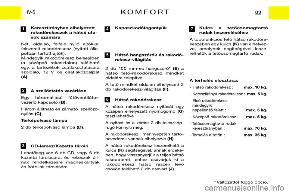 Peugeot Partner VP 2001  Kezelési útmutató (in Hungarian) 83KOMFORTIV-5
Keresztirányban elhelyezett 
rakodórekeszek a hátsó uta-
sok számára 
Két,  oldalsó,  felfelé  nyíló  ajtókkal
felszerelt  rakodórekesz  (nyitott  álla-
potban tartott ajt