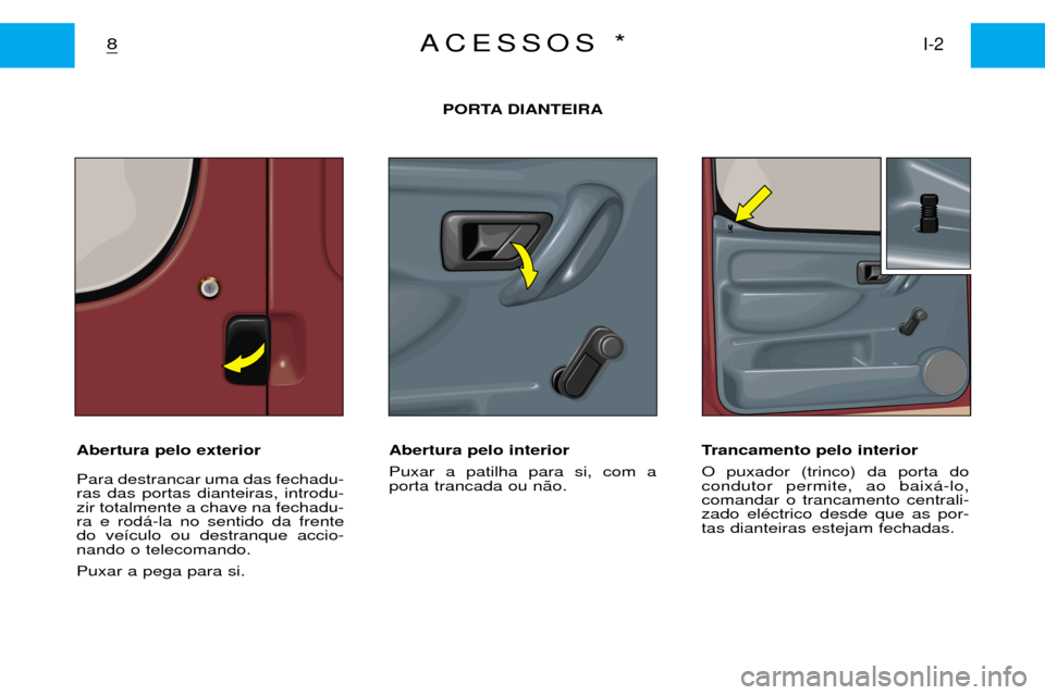 Peugeot Partner VP 2001 Manual do proprietário (in Portuguese) Abertura pelo exterior Para destrancar uma das fechadu- ras das portas dianteiras, introdu-zir totalmente a chave na fechadu-ra e rod‡-la no sentido da frentedo ve’culo ou destranque accio-nando o Peugeot Partner VP 2001 Manual do proprietário (in Portuguese) Abertura pelo exterior Para destrancar uma das fechadu- ras das portas dianteiras, introdu-zir totalmente a chave na fechadu-ra e rod‡-la no sentido da frentedo ve’culo ou destranque accio-nando o