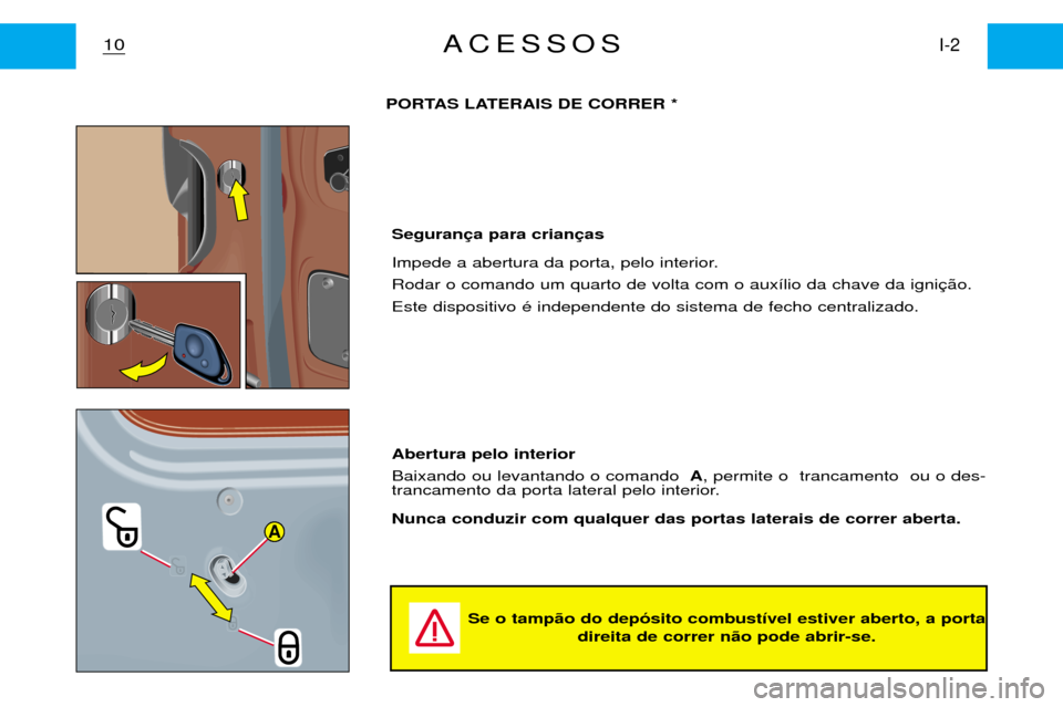Peugeot Partner VP 2001  Manual do proprietário (in Portuguese) A
Seguran 
Impede a abertura da porta, pelo interior. Rodar o comando um quarto de volta com o aux’lio da chave da igniEste dispositivo Ž independente do sistema de fecho centralizado.
10I-2ACESSOS