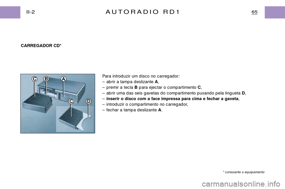 Peugeot Partner VP 2001  Manual do proprietário (in Portuguese) CD
CBA
CARREGADOR CD*
Para introd uzir um d isc o no c arreg ad or: 
Ð ab rir a tamp a d eslizante A,
Ð p remir a tec la  Bp ara ejec tar o c omp artimento  C,
Ð ab rir uma d as seis g avetas d o c