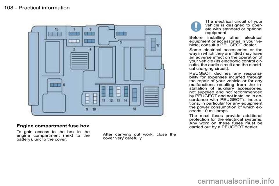 Peugeot Partner VP Dag 2007  Owners Manual �P�r�a�c�t�i�c�a�l� �i�n�f�o�r�m�a�t�i�o�n�1�0�8 �-
�T�h�e�  �e�l�e�c�t�r�i�c�a�l�  �c�i�r�c�u�i�t�  �o�f�  �y�o�u�r�  
�v�e�h�i�c�l�e�  �i�s�  �d�e�s�i�g�n�e�d�  �t�o�  �o�p�e�r�-
�a�t�e� �w�i�t�h� �