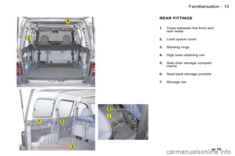 Peugeot Partner VP Dag 2007 User Guide �1�5�F�a�m�i�l�i�a�r�i�s�a�t�i�o�n�-
�R�E�A�R� �F�I�T�T�I�N�G�S
�1�.�  �T�r�a�y�s� �b�e�t�w�e�e�n� �t�h�e� �f�r�o�n�t� �a�n�d� 
�r�e�a�r� �s�e�a�t�s
�2�. �  �L�o�a�d� �s�p�a�c�e� �c�o�v�e�r
�3�. �  �S