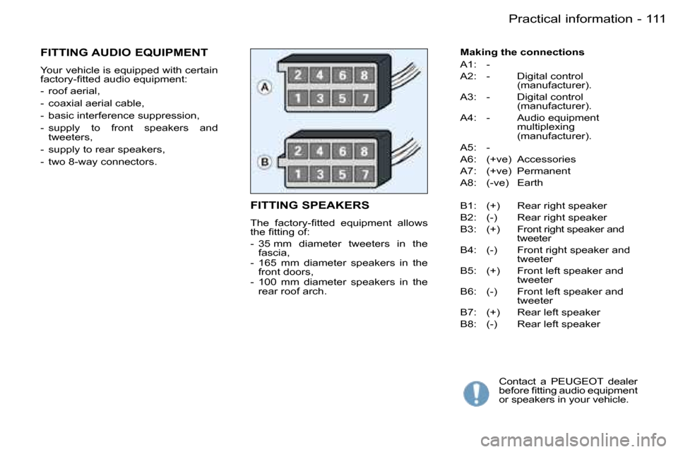 Peugeot Partner VP Dag 2007  Owners Manual �1�1�1�P�r�a�c�t�i�c�a�l� �i�n�f�o�r�m�a�t�i�o�n�-
�F�I�T�T�I�N�G� �S�P�E�A�K�E�R�S
�T�h�e�  �f�a�c�t�o�r�y�-�ﬁ�t�t�e�d �e�q�u�i�p�m�e�n�t �a�l�l�o�w�s 
�t�h�e� �ﬁ�t�t�i�n�g �o�f�: 
�-�  �3�5� �m�